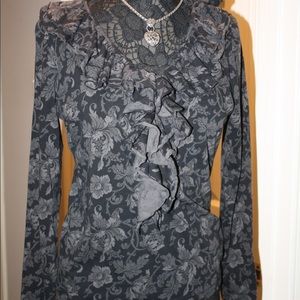 Lauren Ralph Lauren Charcoal Floral Ruffle Blouse